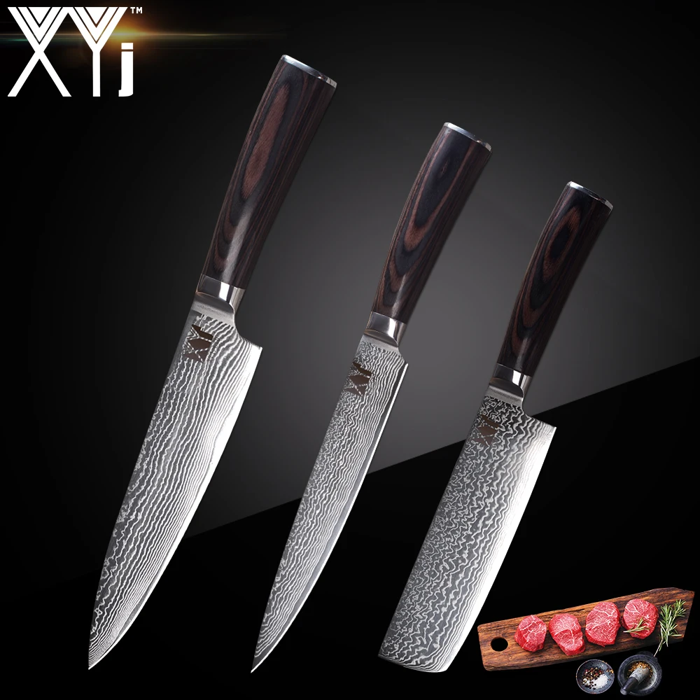 

XYj Brand VG10 Damascus Steel Knife 3 Pcs Set Color Wood Handle Japanese Steel Kitchen Knife Ultra-thin Blade Cooking Knives Set