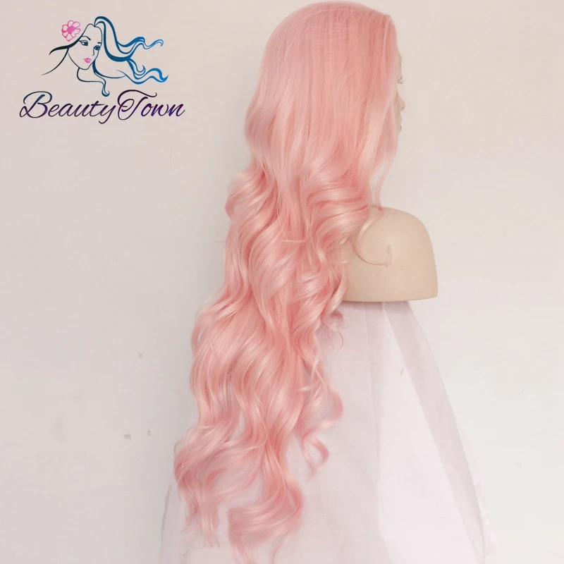 BeautyTown натуральный Длинный розовый объемная волна Glueless термостойкие волокна волос парик Drag queen& cosplay синтетические парики на кружеве