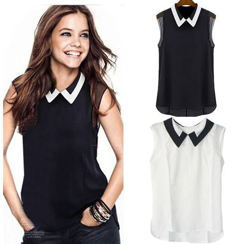 

1 PC High Quality Women Girls Summer Loose Casual Chiffon Shirt Turn-down Collar Sleeveless Vest Blouse Shirt Tops Black White