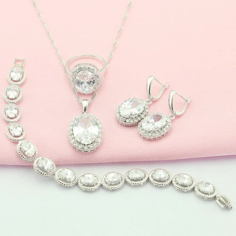 

WPAITKYS White Cubic Zirconia Silver Color Jewelry Sets For Women Wedding Decorations Necklace Earrings Bracelet Ring Free Box