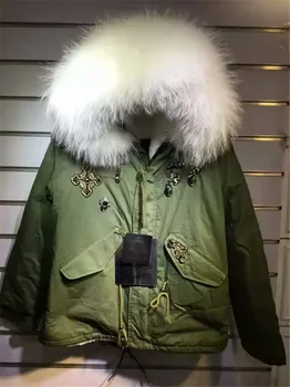 

Fashion new beading style white faux fur lined coats big raccoon fur collar Mrs fur parka jacket