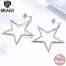 BISAER 925 пробы, серебряные Простые геометрические серьги-гвоздики с большой звездой для женщин, модные серебряные серьги в форме звезды, ювелирное изделие ECE463