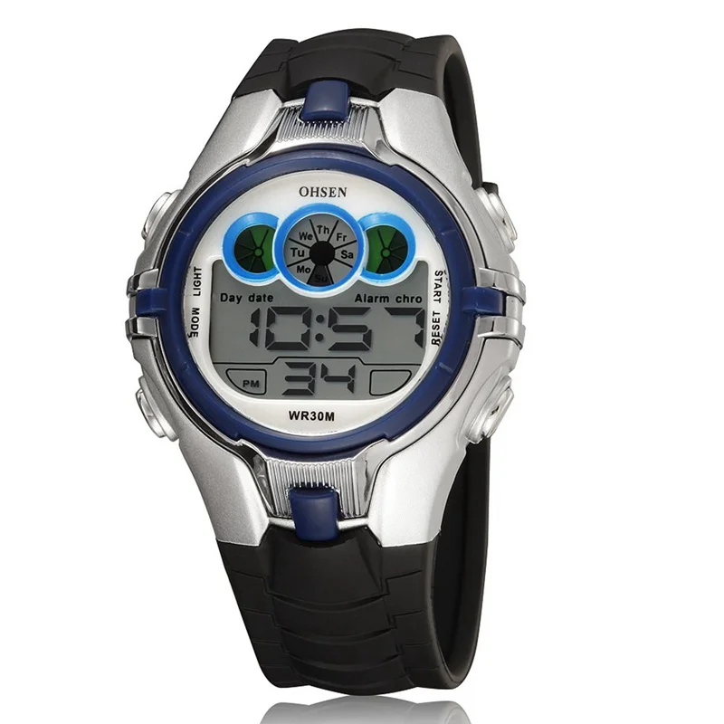 OHSEN детские цифровые спортивные часы с будильником, хронографом и датой, светодиодный светильник, водонепроницаемые наручные часы, студенческие часы, детские часы, nias21 - Цвет: Black Blue