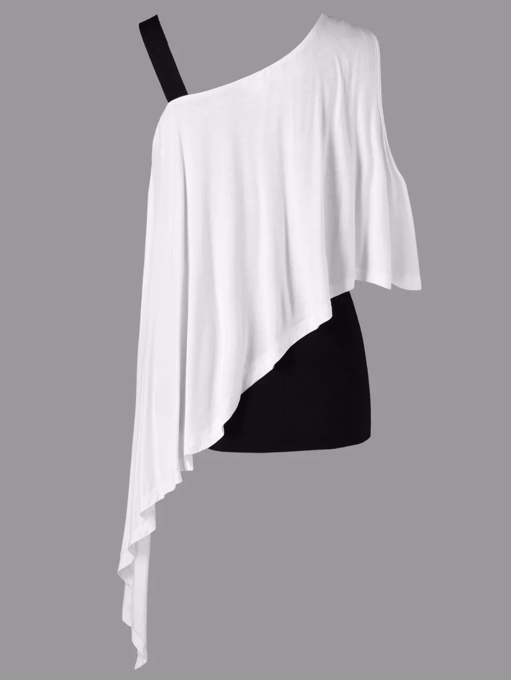 VESTLINDA Skew Collar Color Block Black White Overlay Asymmetrical Tee Two Tone T Shirt Women Casual Tops Summer 2018 T-shirt 6