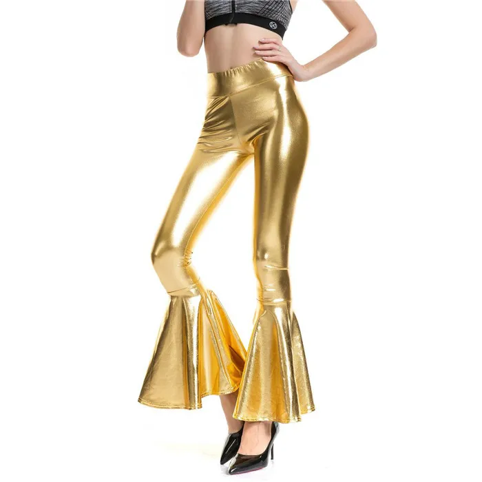 Женские широкие брюки с металлическим эффектом, эластичные расклешенные леггинсы, длинные штаны палаццо, винтажные брюки для дискотеки 70s - Цвет: Золотой