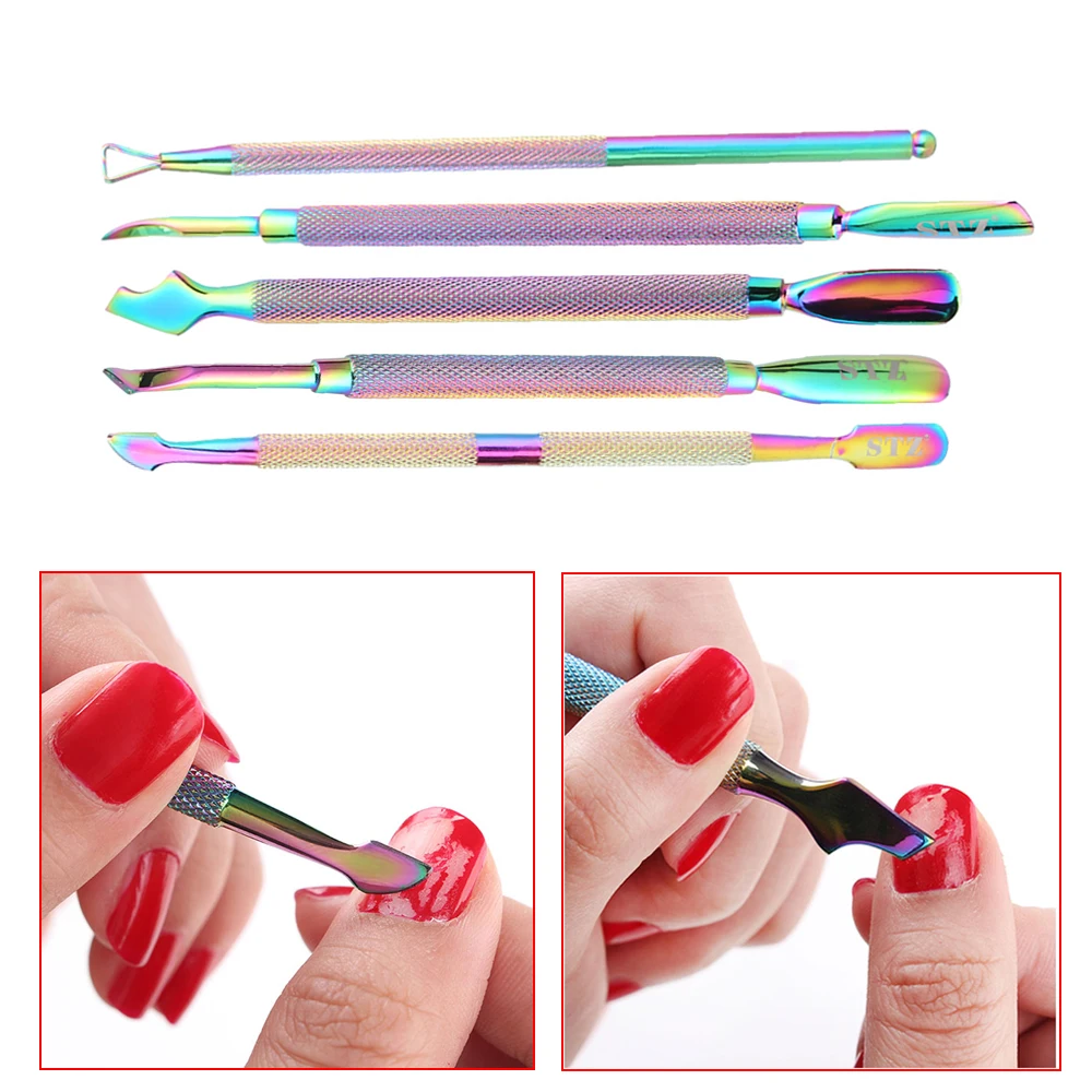 1PC Dual-ended Nail Cuticle Pusher Polish Gel Remover Rainbow Stainless Steel Manicure Nail Care Tools