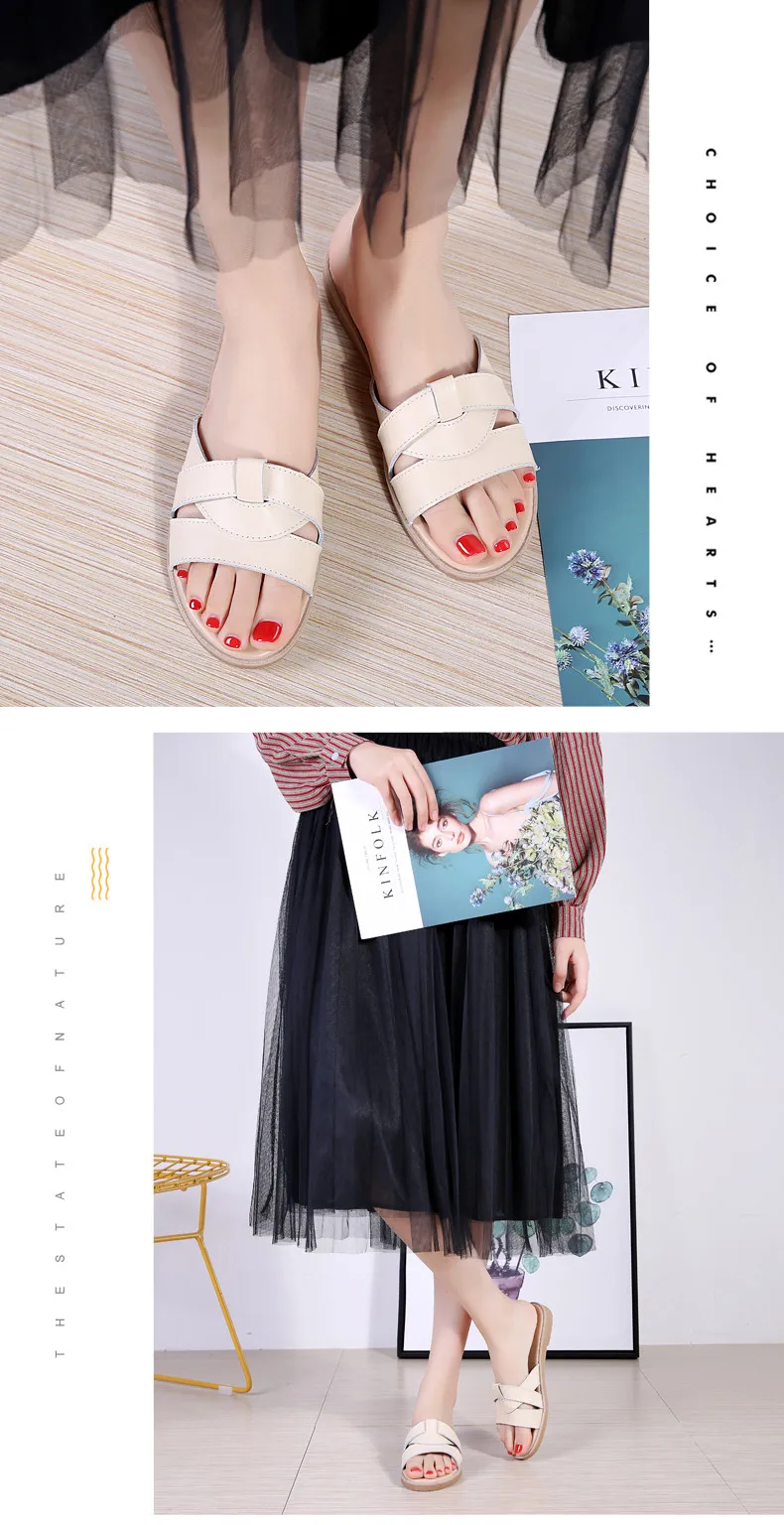 2019 Summer women slippers slip on round toe flat slides sandals women white black leather slippers flip flops slippers  (12)