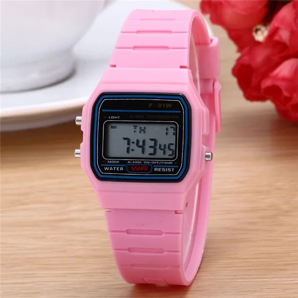 Alarm clock silicone waterproof timing multi-functional outdoor sports F91 electronic watch fashion trend personality of childre - Цвет: Розовый