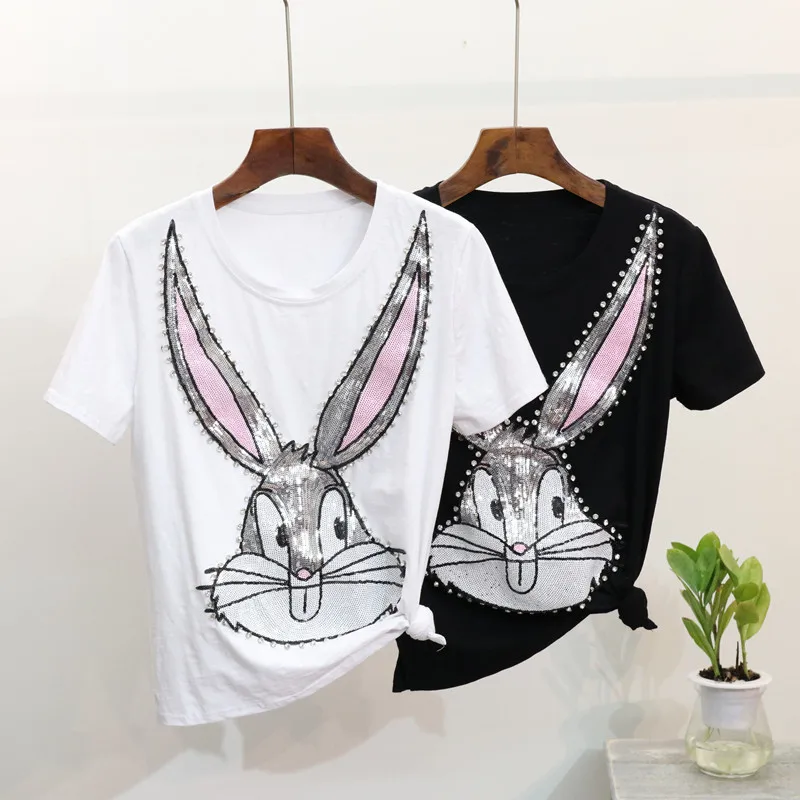 

2018 New Spring and Summer Women's Cartoon Rabbit Sequins Short Sleeved T-shirt All-match White Shirt Cototn Tees Students Top