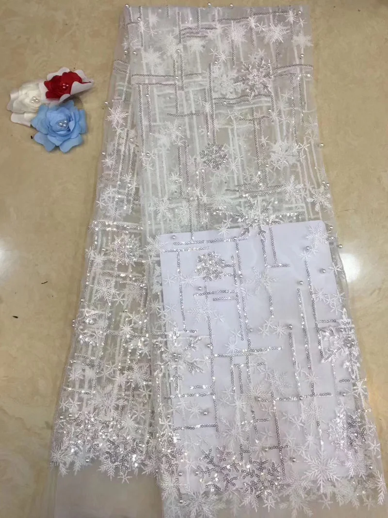 

Free shipping (5yards/pc) pure white African French net lace fabric with sequins embroidery and beads for party dress FZZ092