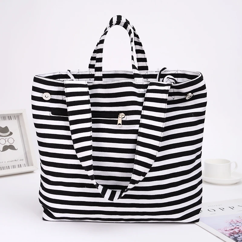 2019 Canvas Fashion Durable Women Black and white stripes Shoulder Bag Shopping Tote Flax Cotton ...