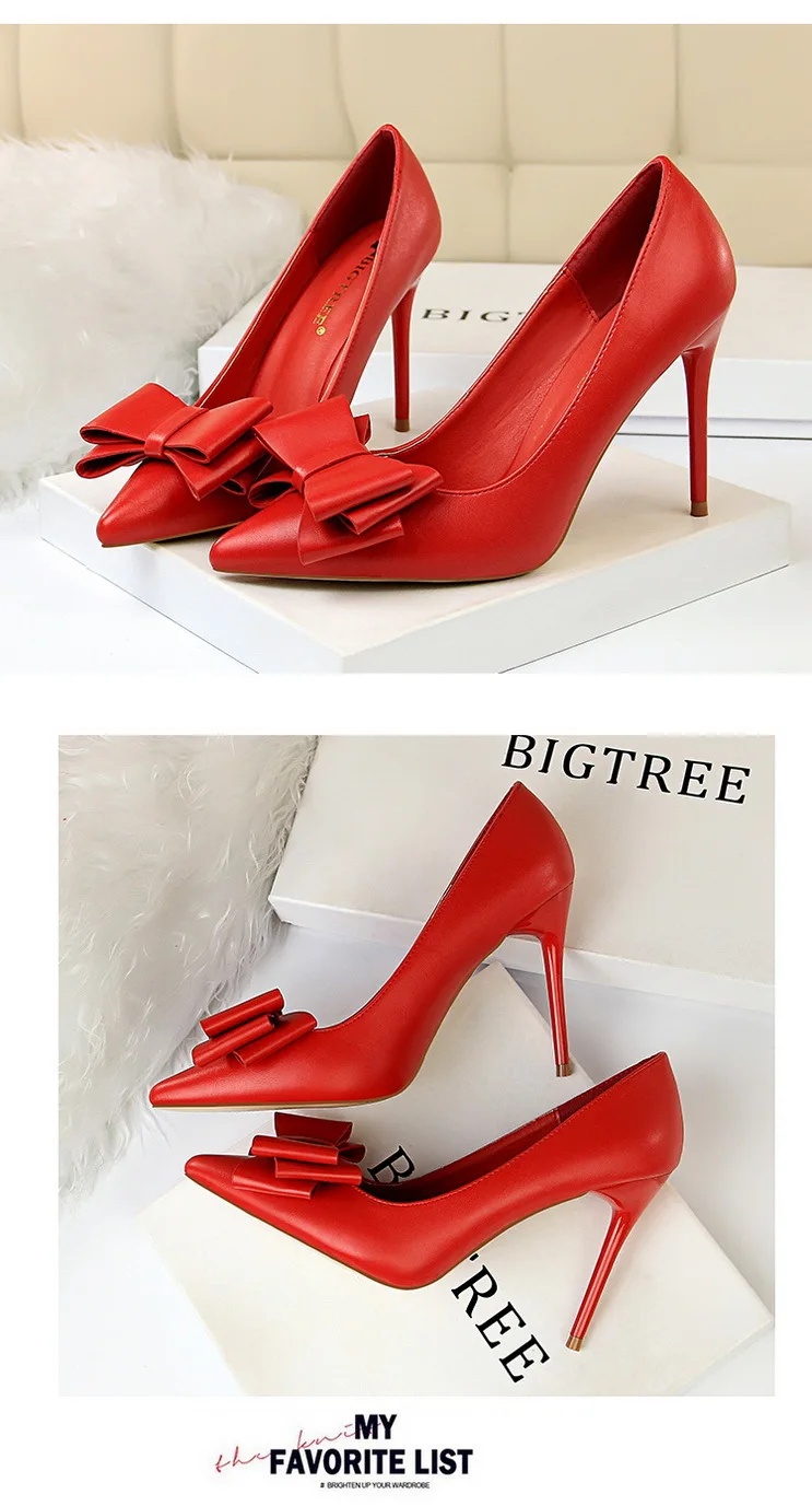 BIGTREE/Новинка; кожаные туфли-лодочки; модная обувь; пикантные туфли на высоком каблуке 10 см с острым носком и бантом ярких цветов; sapato feminino
