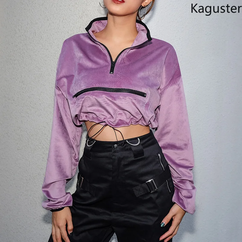 

Kaguster INS Soft Popular Autumn Sexy&Club Solid velvet long sleeve crop top hoodies women gothic streetwear zipper kpop clothes
