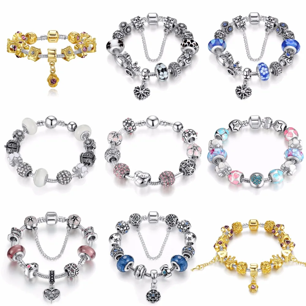 Silver Color Heart Star Crystals LOVE Heart Murano Glass Beads Daisy Flower Safety Chain Gold Charm Bracelet for Women Jewelry Silver Color Heart Star Crystals LOVE Heart Murano Glass Beads Daisy Flower Safety Chain Gold Charm Bracelet for Women Jewelry
