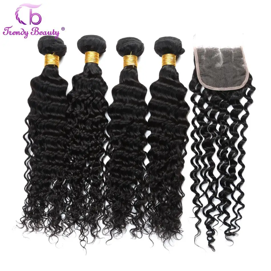 Brazilian Deep Curly Human Hair Weaving 4 Bundles with 1Pc 4*4 Lace Closure Hair Extensions Free Shipping Color 1B Trendy Beauty Brazilian Deep Curly Human Hair Weaving 4 Bundles with 1Pc 4*4 Lace Closure Hair Extensions Free Shipping Color 1B Trendy Beauty
