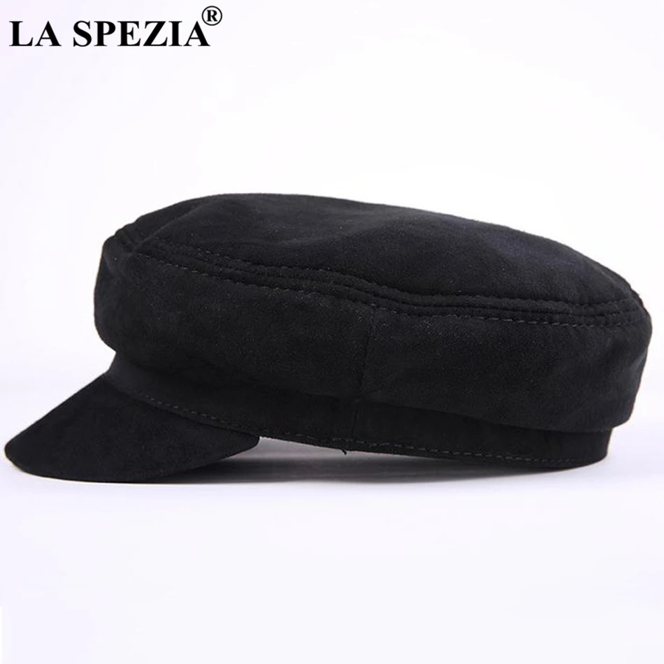 LA SPEZIA Genuine Leather Cap Men Newsboy Military Hats Vintage Women Gatsby Caps Black Classic Flat Hats Luxury Italian Brand