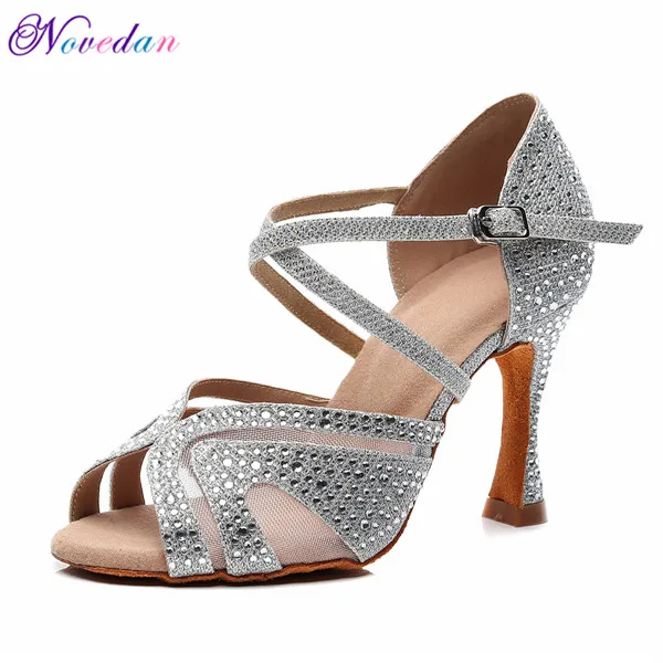 Женская обувь для латинских танцев; стразы; блестящая обувь для сальсы; Бальные сандалии; обувь для танцев; обувь на высоком каблуке 9 см; Цвет серебристый, белый - Цвет: Silver 9cm Heel