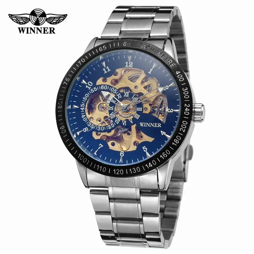 

WINNER Watch Men Automatic Mechanical Watches 3D Index Design Golden Skeleton Dial Steel Strap Top Brand Luxury Wristwatch