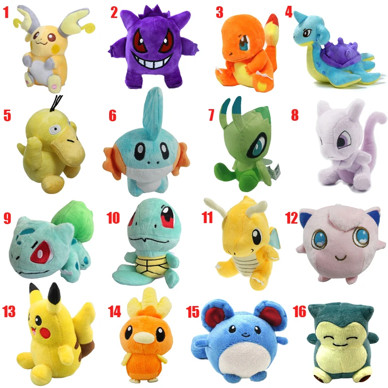 

New Cartoon plush toys 12-18cm Pikachu Snorlax Charmander Mewtwo Dragonite cute soft stuffed dolls for Kids Christmas gift