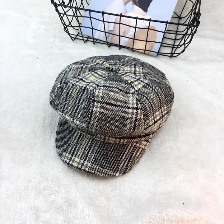 VISROVER новые хлопковые Восьмиугольные шляпы для женщин, Классическая клетчатая кепка газетчика, Мужская винтажная художница, остроконечная шляпа в британском стиле - Цвет: black