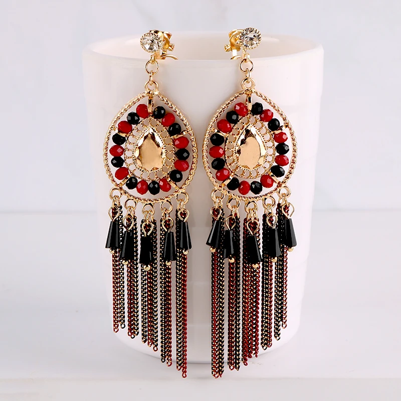

New Chain Tassel Long Dangle Clip on Earrings Without Piercing Gold Color Maxi Hanging Drop Ear Clips for Women Bohemian Jewelry