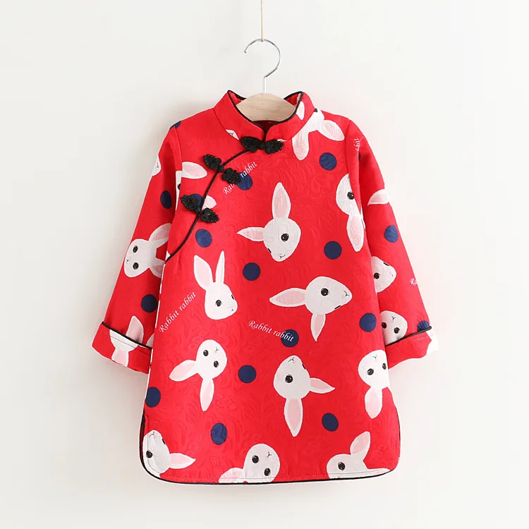 

New 2017 Baby Girls Autumn Dress Kids Rabbit Long Sleeve Dress Children Chinese Style Dress Toddler Girls' Cotton Dress
