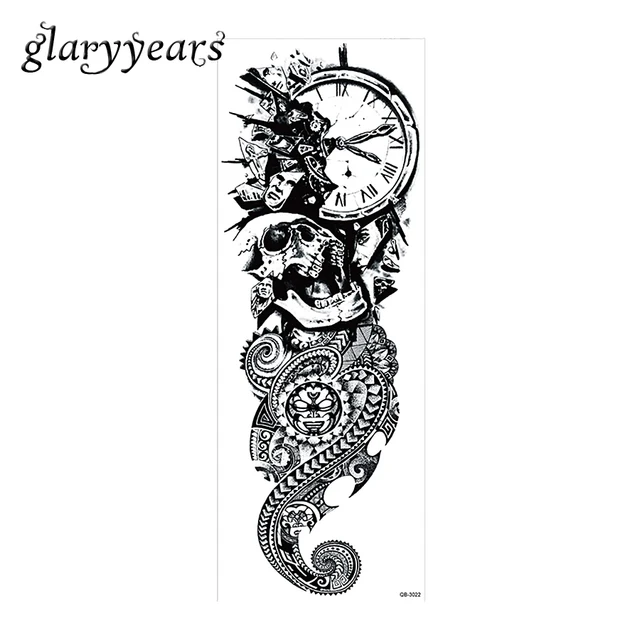 1 piece template tattoo sticker full flower arm art large clock