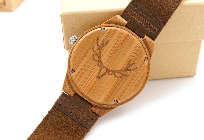 BOBO BIRD M08 100% Handmade Mens Solid Bamboo Wood Quartz Watch Deer Icon For Gift