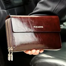 Vente chaude! nouveau 2017 De Luxe Brillant Huile Cire Peau de Vache Hommes Sac D’embrayage À Long Cuir Véritable hommes portefeuilles Double Couche D’affaires D’embrayage