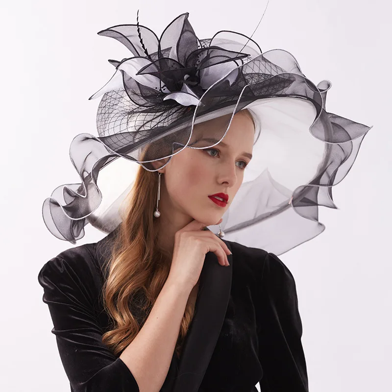 

2019 New Detachable Organza Crimping Sun Hats Beach Summer Sun Hat for Women Pink/Blue Wide Brim Hat Elegant Vintage Wedding Cap