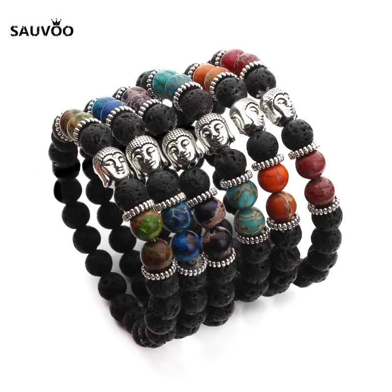 

Vintage Tibetan Sliver Charm Buddha Bracelets Nature Stone Lava Imperial Bead Bracelet Pulseras Mujer Men's Fashion Jewelry