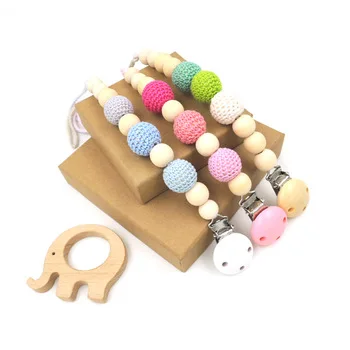 Set of 3 pink blue green baby toy pacifier clip + one elephant teether dummy holder natural color baby girl gift NT179