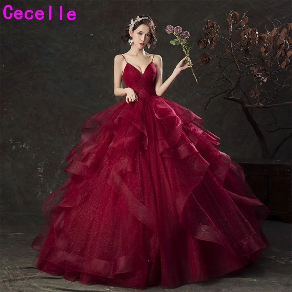 

Dark Red Burgundy Ball Gown Princess Prom Dresses 2019 With Straps V Neck Pleats Ruffles Floor Length Teens Formal Party Gowns