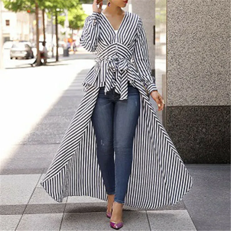 

Women's Fashion Long Sleeve V-neck Tunic Tops Dress Casual Curve Ladies Striped V-neck Cotton Blouse Dresses Female Clothing
