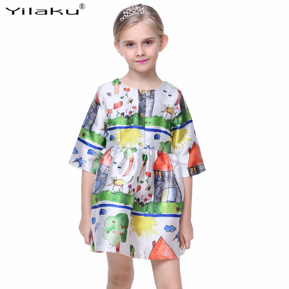 

Princess Girls Dress Half Sleeve Fashion Girl Character Painting Pure Cotton Inner One Piece V Dresses CA296A