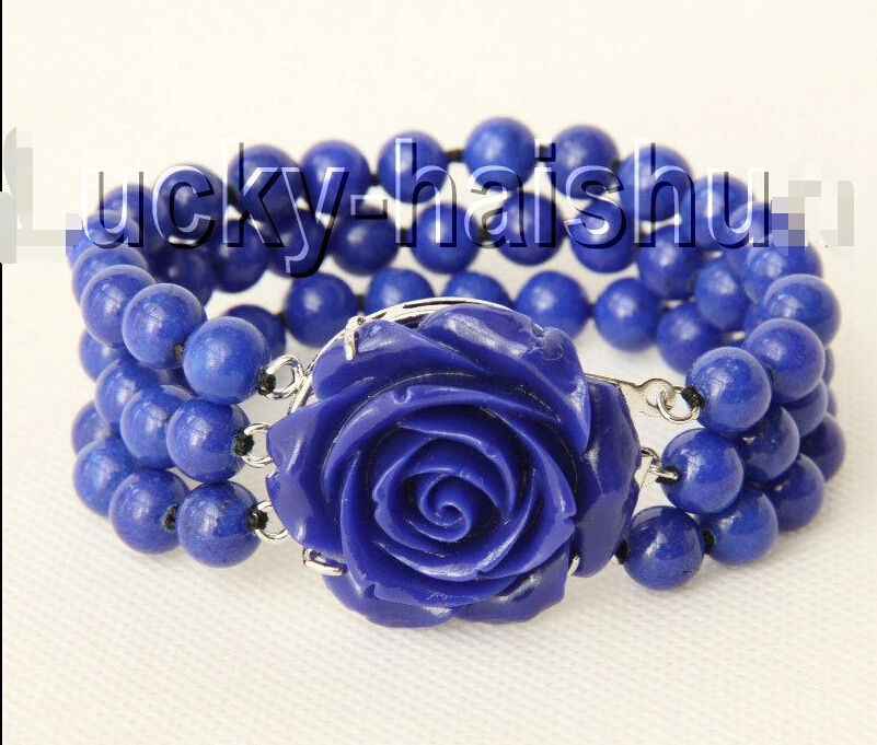 

8" 3row 8mm round lapis lazuli bracelet 18KGP j9181 @^Noble style Natural Fine jewe SHIPPING