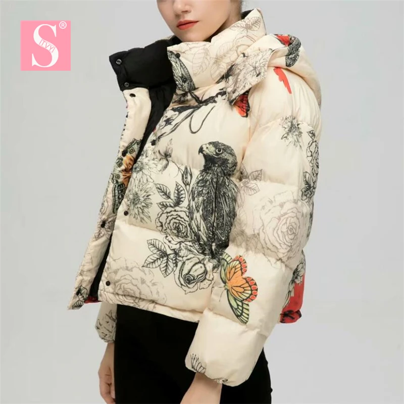 

STVY 2018 New Arrival Winter Short Jacket Women Hooded Coats Female Thick Warm Snow Wear Jacket Butterfly Printed Parka