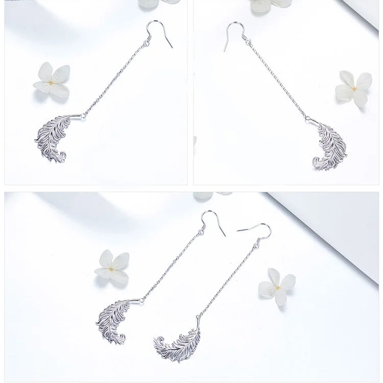 BISAER Аутентичные 925 пробы серебряные винтажные длинные серьги-гвоздики с перьями для женщин винтажные ювелирные изделия из стерлингового серебра ECE572