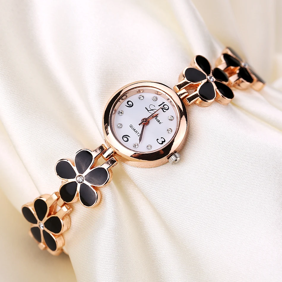 Женские наручные часы LVPAI классические с цветком ромашки золотыми стразами