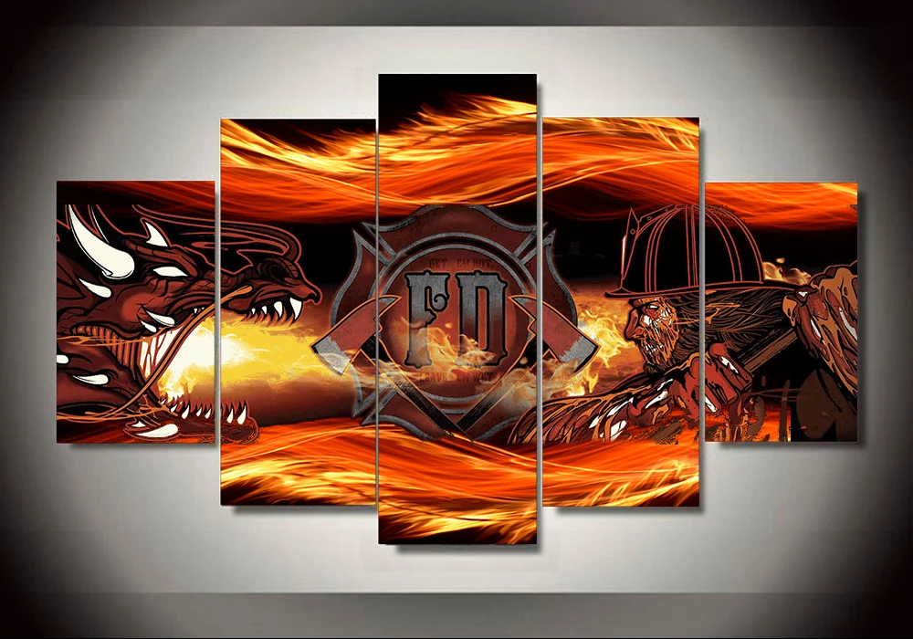 High Quality 5 Panels Home Decor fire fighter Wall Art Painting For