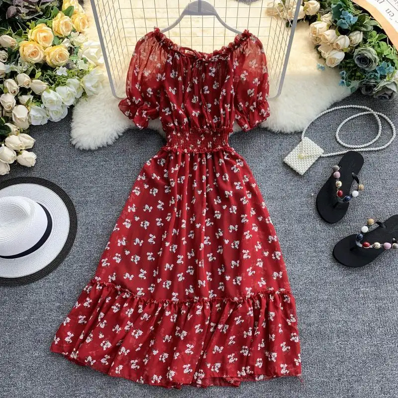 

2019 new fashion women's Floral Dress Chiffon Printed Puff Sleeve Waist Thin Ruffle