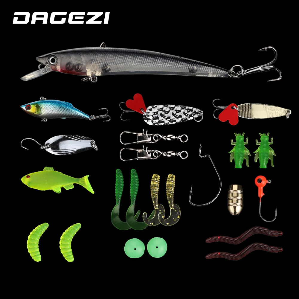 

DAGEZI 23Pcs Fishing Lure Kit Minnow Popper Spoon Jig Head Hooks Fishing bait Set With Box Artificial Bait Fishing Tackle