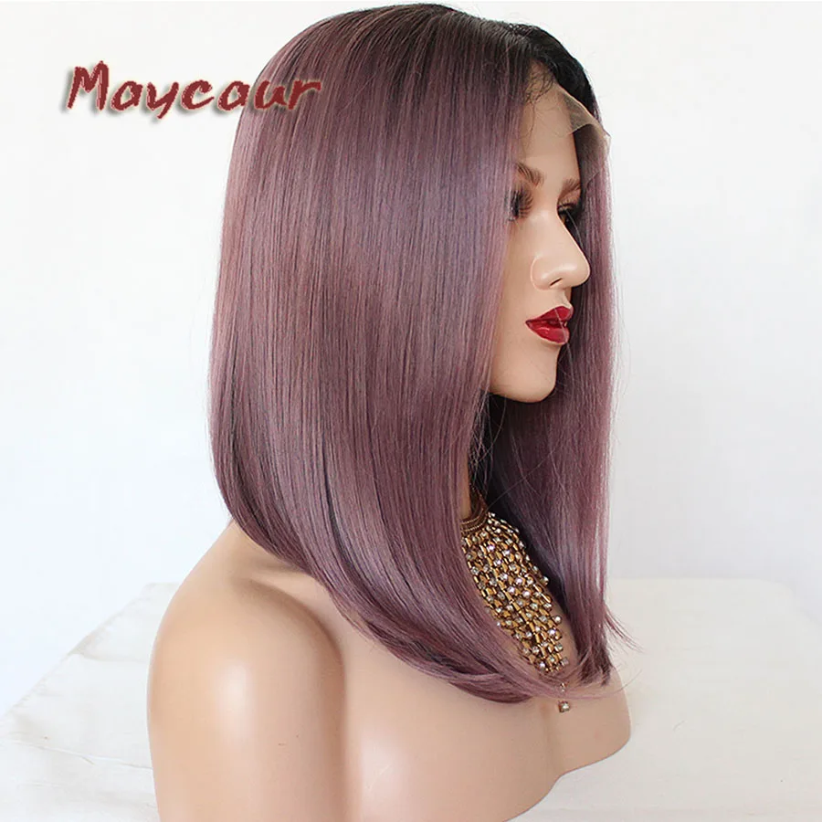 

Maycaur Natural Straight Synthetic Lace Front Wigs for Women Black Purple Ombre Color Short Bob Hair Lace Wig