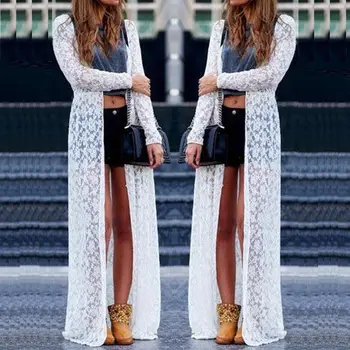 

New Loose Women Boho Lace Floral Sheer Maxi Dress Long Cardigan Beach Shirt