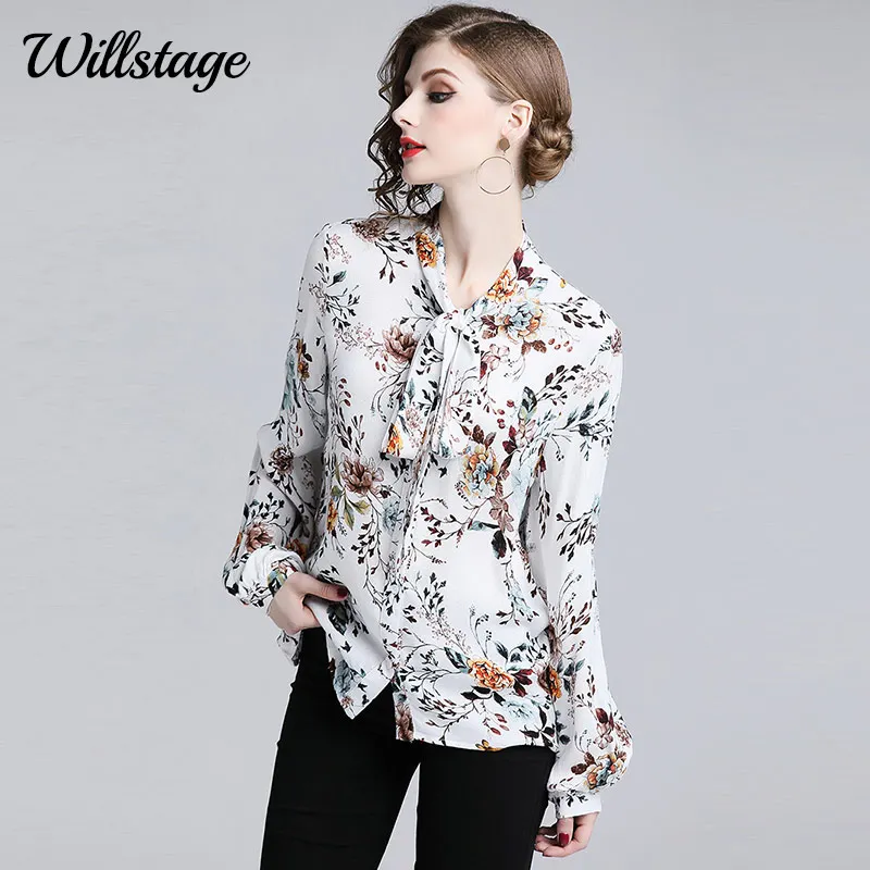 

Willstage Floral Printed Chiffon Blouse Women Bow Lace up Pattern Shirts Long Sleeve Elegant Boho Tops 2019 Spring New Clothes