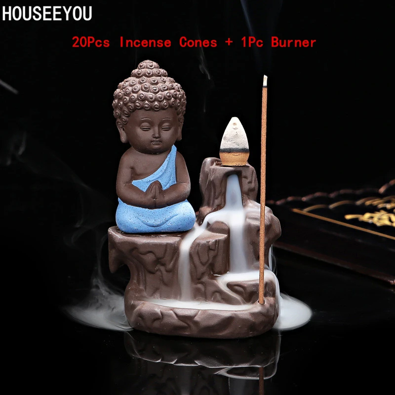 

20Pcs Incense Cones + 1Pc Burner The Little Monk Small Buddha Censer Ceramic Waterfall Backflow Incense Burner Holder Home Decor