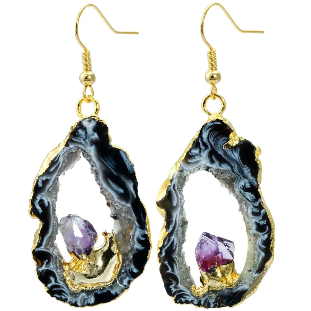 

TUMBEELLUWA Natural Geode Slice Purple Drusy Crystal Quartz Dangle Earrings