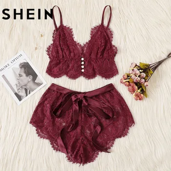

SHEIN Sexy Women Sleeping Clothes Sleeveless sexy for sleeps Pajamas For Women V Neck Lace Trim Satin Cami and Shorts Pajama Set