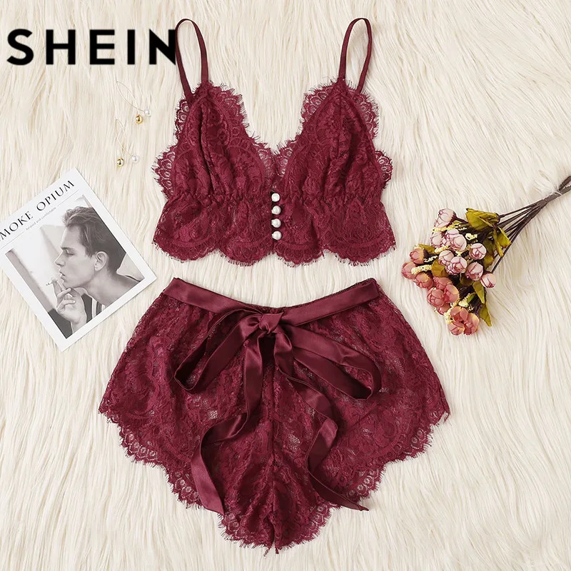 Achat SHEIN Sexy femmes vêtements de couchage sans manches sexy pour dormir pyjamas pour femmes col en V dentelle garniture Satin Cami et short pyjama ensemble