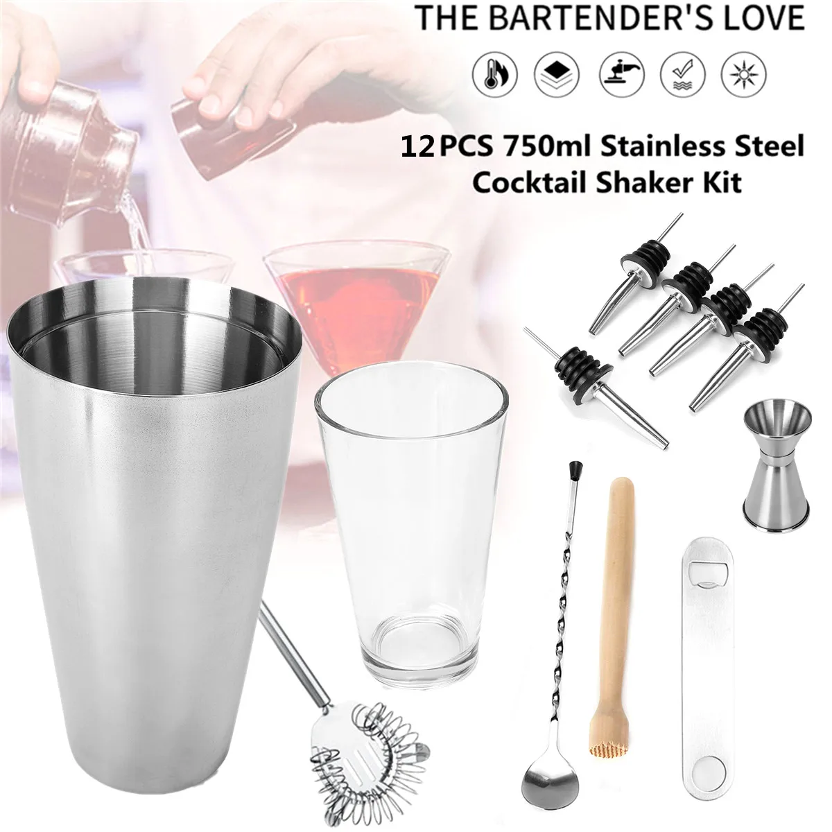 12PCS Shaker Set Maker Cocktail Martini Spirits Muddler Bar Strainer Jigger Stainless Steel Anti